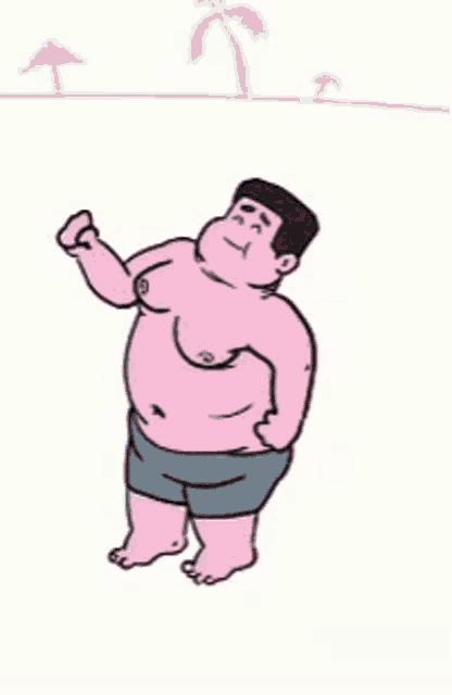 a cartoon drawing of a man with a pink shirt and blue shorts