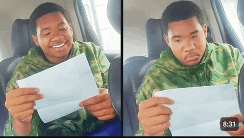 two pictures of a man holding a piece of paper with the time of 8:31 on the bottom right