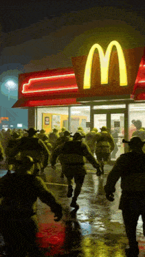 a group of shrek characters are running towards a mcdonald 's