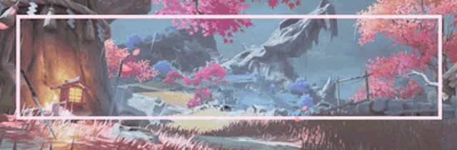 a painting of a landscape with pink trees and a house