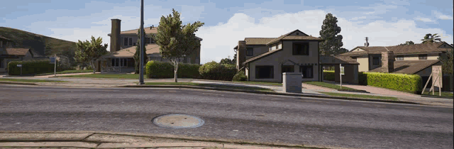 a video game scene of a residential area with a sign that says " for sale "