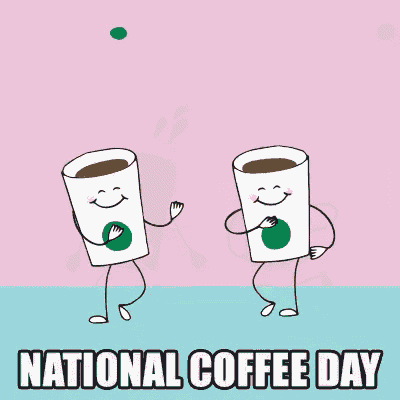 a couple of cups of coffee with arms and legs are dancing in celebration of national coffee day .