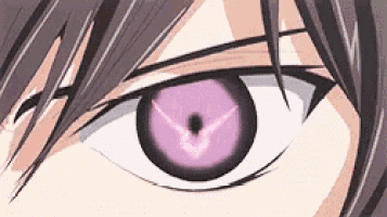 a close up of a person 's eye with a purple iris and a v on it .