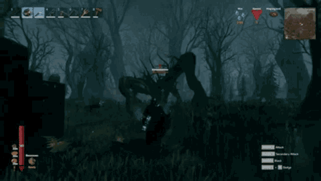 a screenshot of a video game shows a monster in the middle of a forest