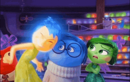 a group of cartoon characters standing next to each other including joy and disgust