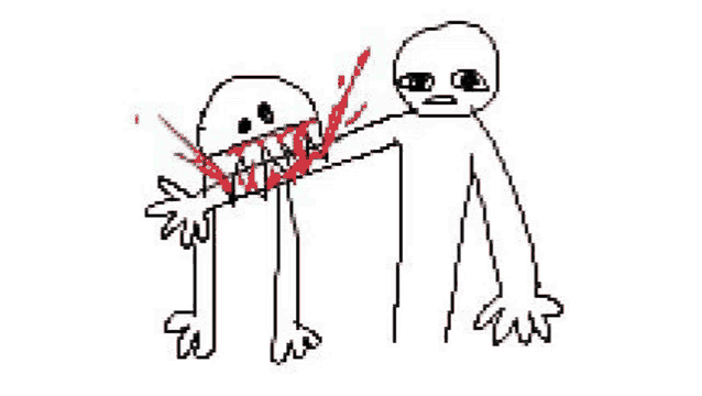 a pixel art drawing of a person holding another person 's arm .