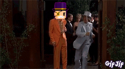 a man in a suit is holding a sword and a woman in an orange dress is holding a sword in a gif