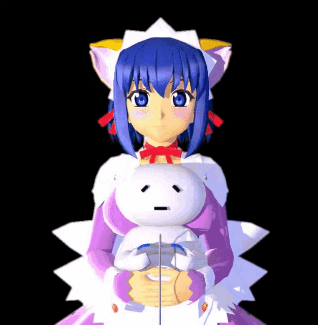 a girl with blue hair is holding a stuffed animal with a sad face