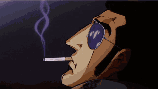 a man wearing sunglasses smoking a cigarette with purple smoke coming out of his mouth