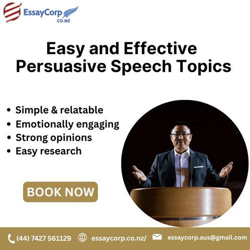 an advertisement for easy and effective persuasive speech topics shows a man giving a speech
