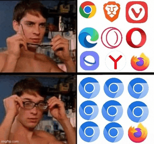 a shirtless man is adjusting his glasses in front of a collage of computer logos .