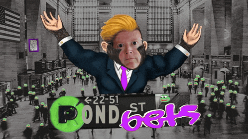 a cartoon of a monkey in front of a sign that says pond pets