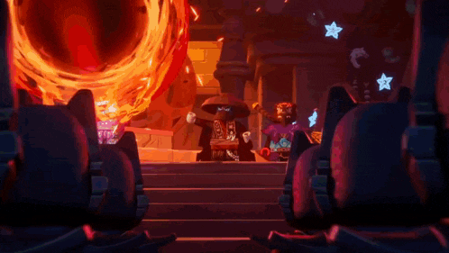 a group of lego ninjago characters standing in front of a fire .