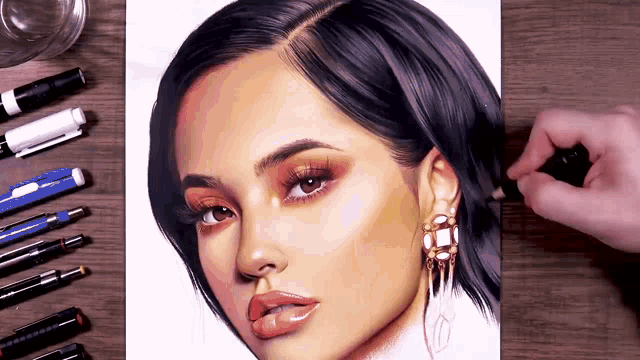 a close up of a person drawing a woman 's face with a pen
