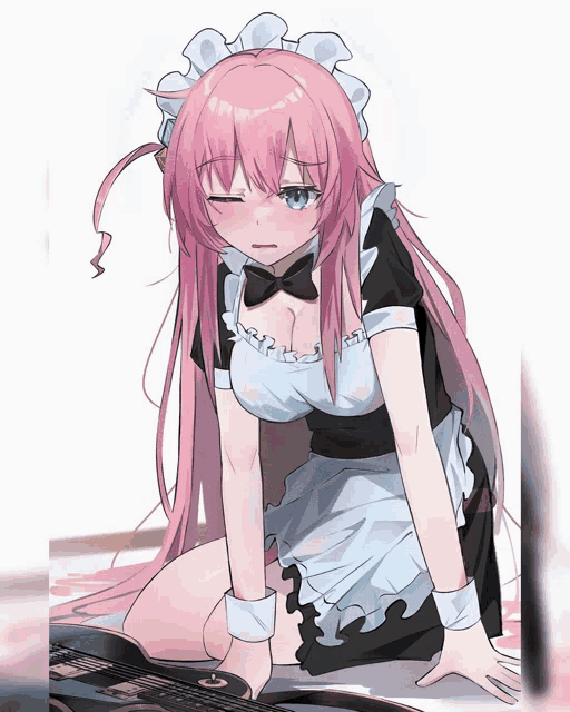 a girl with pink hair and a maid outfit is kneeling down