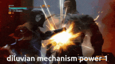 a video game with the words diluvian mechanism power 1 on the bottom right