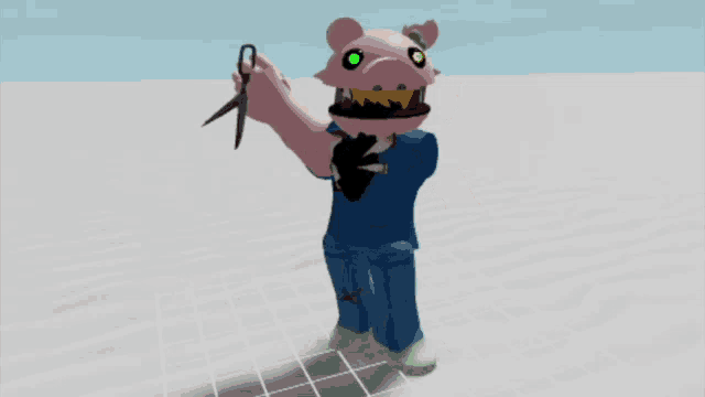 a 3d model of a pig holding a sword and a bow tie