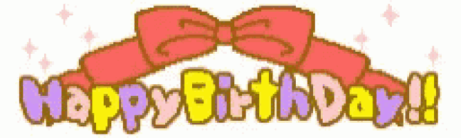 a pixel art of a happy birthday sign with a bow
