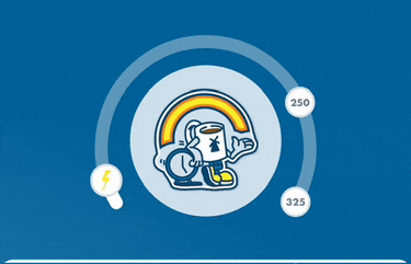 a cartoon character with a cup of coffee and a lightning bolt in a circle with the number 250 and 325