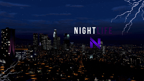 the word nightlife is on a picture of a city at night