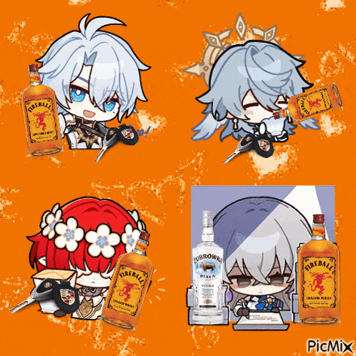 a bottle of fireball is surrounded by cartoon characters
