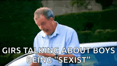 a man in a blue shirt is talking about boys being " sexist "
