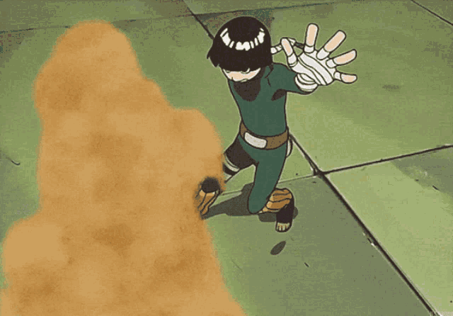 a cartoon of a boy with a green shirt and black pants