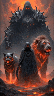 a painting of a grim reaper standing next to a lion and a tiger