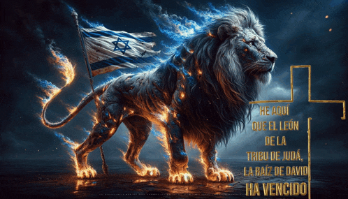a lion in flames holding a flag that says he aqui