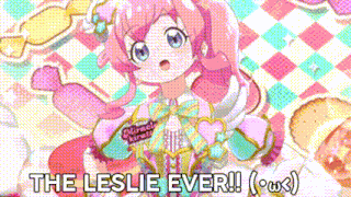 a cartoon girl with pink hair and blue eyes is standing in front of a checkered background with the words `` the leslie ever ! ''