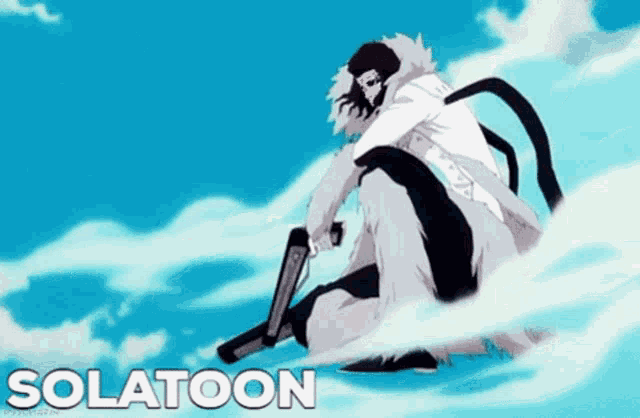 a cartoon of a man holding a gun with the word solatoon below him