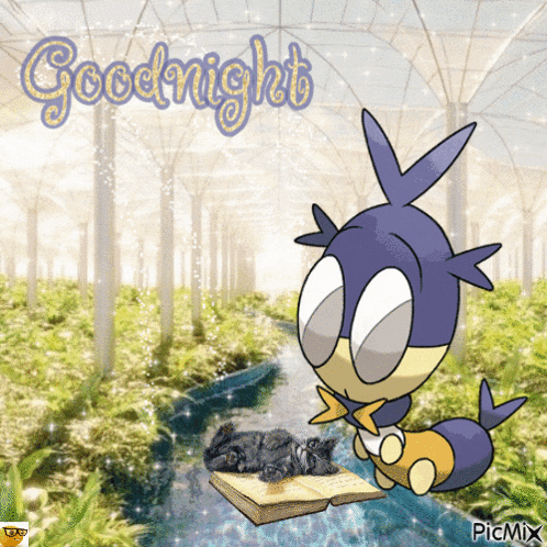 a picture of a cartoon character reading a book with the words goodnight written above it