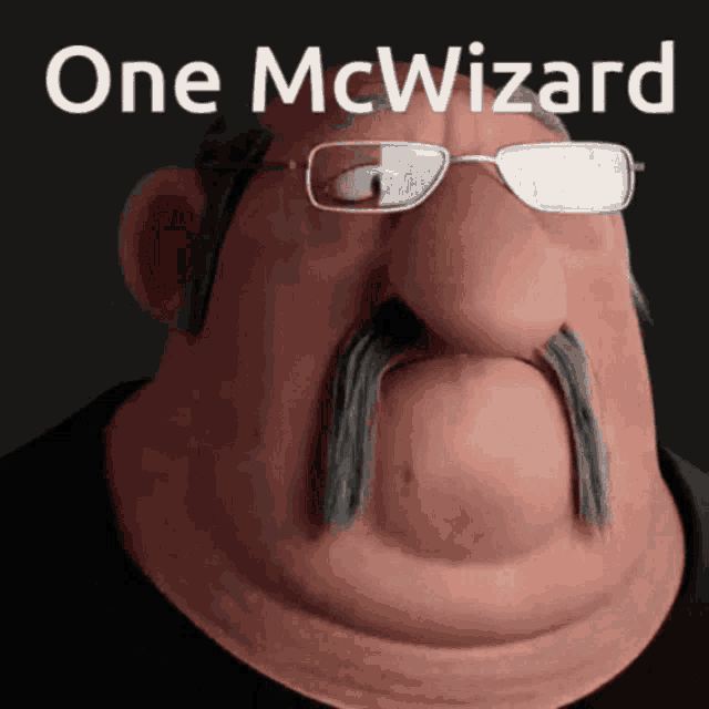 a cartoon man with glasses and a mustache has the words one mcwizard above his head