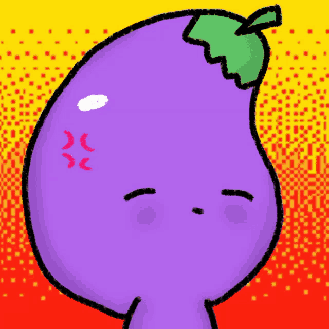 a cartoon drawing of a purple eggplant with an angry expression on its face