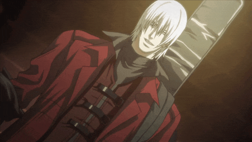 a man with long white hair and a red jacket is holding a sword