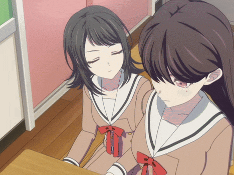 two anime girls are sitting in a classroom with their eyes closed