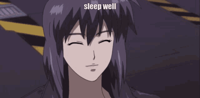 a girl with purple hair is smiling with the words sleep well above her head