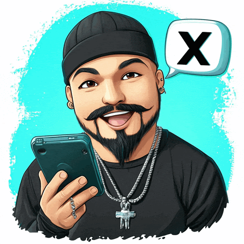 a cartoon of a man holding a cell phone with a speech bubble with the letter x above him