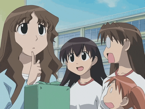 a group of cartoon girls are standing around a green box