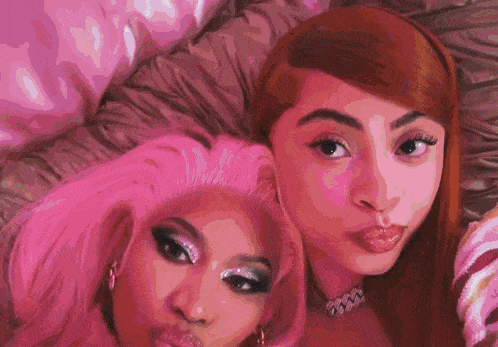 two girls with pink hair are posing for a picture