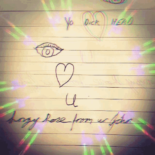 a drawing of an eye a heart and the words " yo dick head " on a piece of paper