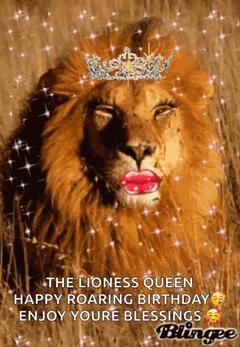 a lion with a crown on its head and lipstick on its lips .