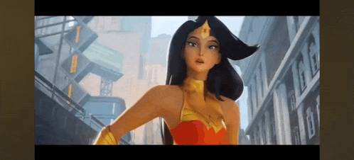 a cartoon of wonder woman is standing in a city street .