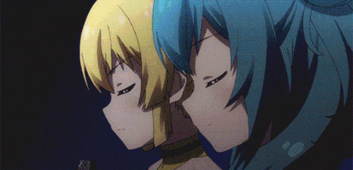 a blonde anime girl is singing into a microphone with headphones on .