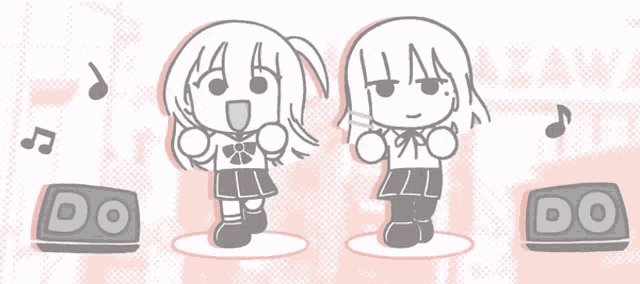 a cartoon drawing of two girls standing next to a do box