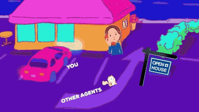 a cartoon of a woman standing in front of an open house sign