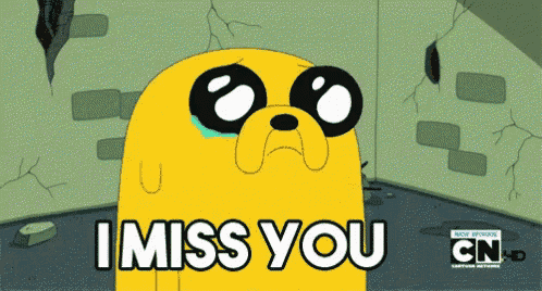a cartoon character says i miss you on the screen