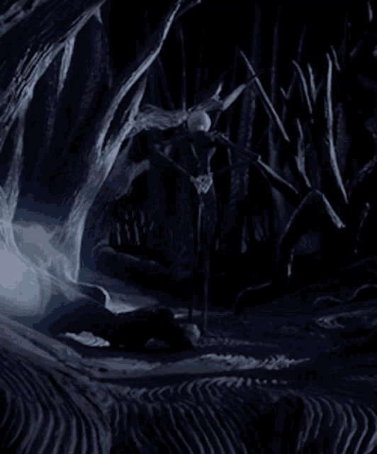 a nightmare before christmas scene with a skeleton in a dark forest