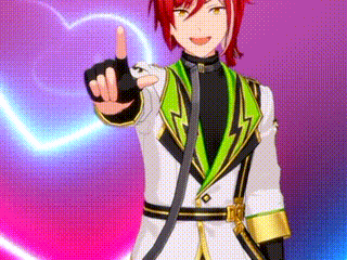 a red haired anime character is standing in front of a heart and pointing at the camera .