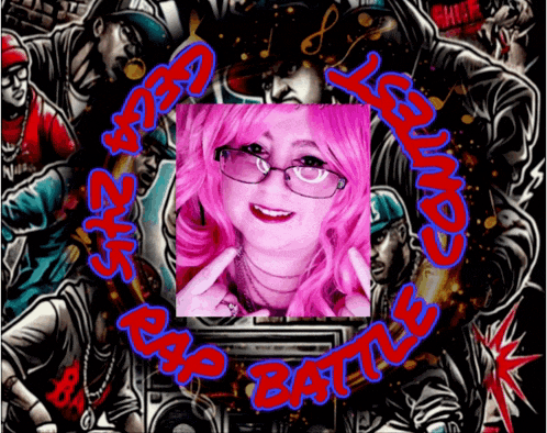 a woman with pink hair is in a circle with the words rap battle